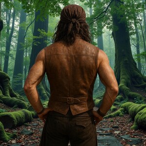 May include: A brown leather vest with a buckle closure is worn over a sleeveless shirt. The person is standing in a forest with lush green foliage and moss-covered trees. A brown headscarf is tied around the head.
