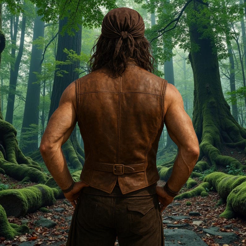 May include: A brown leather vest with a buckle closure is worn over a sleeveless shirt. The person is standing in a forest with lush green foliage and moss-covered trees. A brown headscarf is tied around the head.