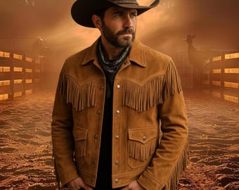 Gilet da cowboy con frange in pelle scamosciata fatto a mano da uomo - Stile rodeo western