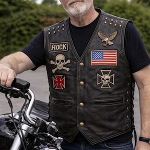 Men's Leather Biker Vest with Patches, Punk Rock Studded Motorcycle Waistcoat, MC Club Style Cowhide Riding Vest, Gothic Skull Biker Cut