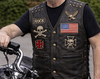 Men's Genuine Leather Biker Vest, Punk Rock Studded Patches, MC Club Motorcycle Waistcoat