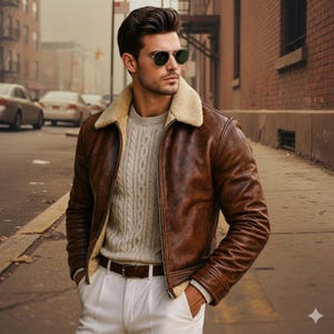 May include: A brown leather jacket with a cream shearling collar and lining. The jacket is worn over a grey cable-knit sweater and white trousers. The person is wearing sunglasses and a brown belt.