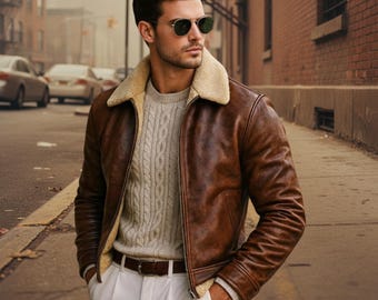 Men’s Shearling Aviator Jacket – Genuine Leather Bomber, Customizable Winter Coat