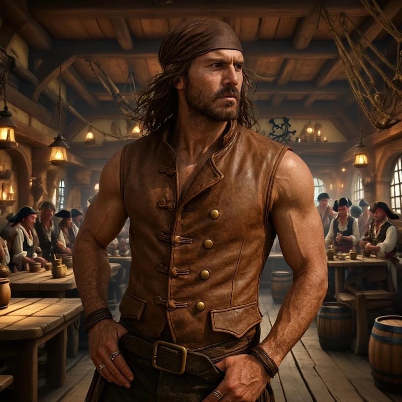 May include: A man in a brown leather vest with gold buttons and a matching brown bandana. He stands in a dimly lit tavern with other people in the background. The vest has a double-breasted design and a belt.