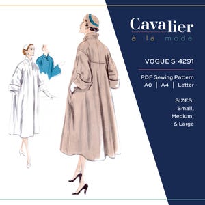 Puede incluir: Ilustración de un patrón de costura Vogue vintage, con una mujer con un abrigo largo marrón claro. El patrón se titula "Cavalier à la mode" e incluye tallas pequeña, mediana y grande. Número de modelo S-4291.
