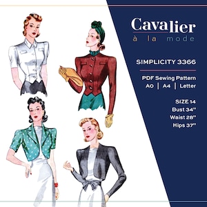 May include: Illustration of a vintage sewing pattern, featuring four different jacket designs. The pattern is labeled "SIMPLICITY 3366" and includes size 14 measurements: Bust 34", Waist 28", and Hips 37". The image has the text "Cavalier à la mode".