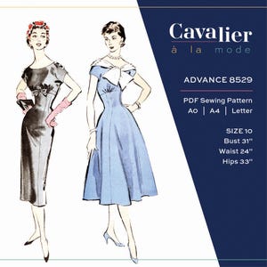 May include: Illustration of two vintage dresses. The text reads "Cavalier à la mode ADVANCE 8529 PDF Sewing Pattern". Size 10 measurements are: Bust 31", Waist 24", Hips 33". One dress is black with a bow, the other is blue.