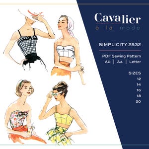 Puede incluir: Un patrón de costura digital titulado Cavalier à la mode Simplicity 2532, con ilustraciones en acuarela de cuatro conjuntos con varios tops y faldas. El texto incluye PDF Sewing Pattern, A0, A4, Letter y las tallas 12, 14, 16, 18, 20.