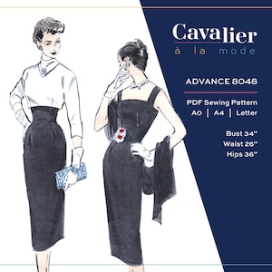 May include: Illustration of two women in vintage dresses. The text reads "Cavalier à la mode" and "ADVANCE 8048". Measurements are listed as Bust 34", Waist 26", and Hips 36". The image is a PDF sewing pattern.