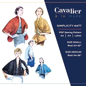 May include: A vintage sewing pattern illustration featuring women's jackets in various colors. The image includes the text "Cavalier à la mode" and "SIMPLICITY 4477". Size Small fits a bust of 30-32 inches, and Medium fits 34-35 inches.