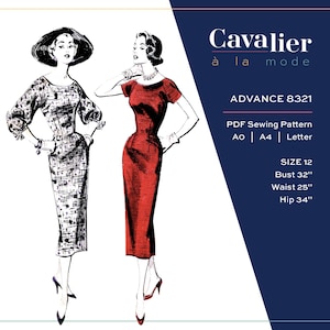 Peut inclure: Illustration de deux robes vintage. L'une est une robe à motifs noir et blanc avec un grand chapeau. L'autre est une robe rouge. L'image comprend le texte "Cavalier à la mode" et "ADVANCE 8321". La taille est 12, avec un tour de poitrine de 81 cm, une taille de 64 cm et des hanches de 86 cm.