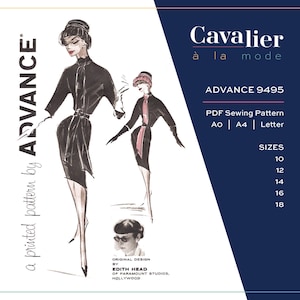 May include: A vintage-style sewing pattern illustration featuring two figures in black dresses. The pattern is labeled "ADVANCE 9495" and includes sizes 10-18. The design is by Edith Head of Paramount Studios.