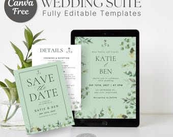 Sage Green Eucalyptus Wedding Invite Suite, A5 Floral Invite, Digital Template, Canva Wedding Invitation