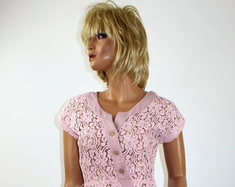 Vintage 50's Atomic Rockabilly Pink Lace Wiggle Dress Rhinestone Buttons Size S