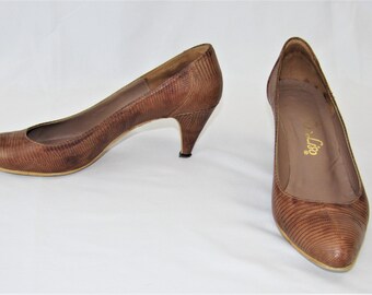 Vintage 50's 60's DE LISO Brown Snake Skin Leather Pumps Heels Shoes - Size 6 M