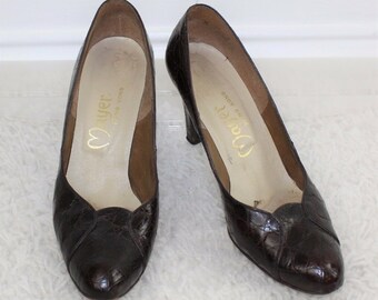 Vintage 50's 60's Crocodile Brown Leather Kitten High Heel Shoes Pumps Size 6 M