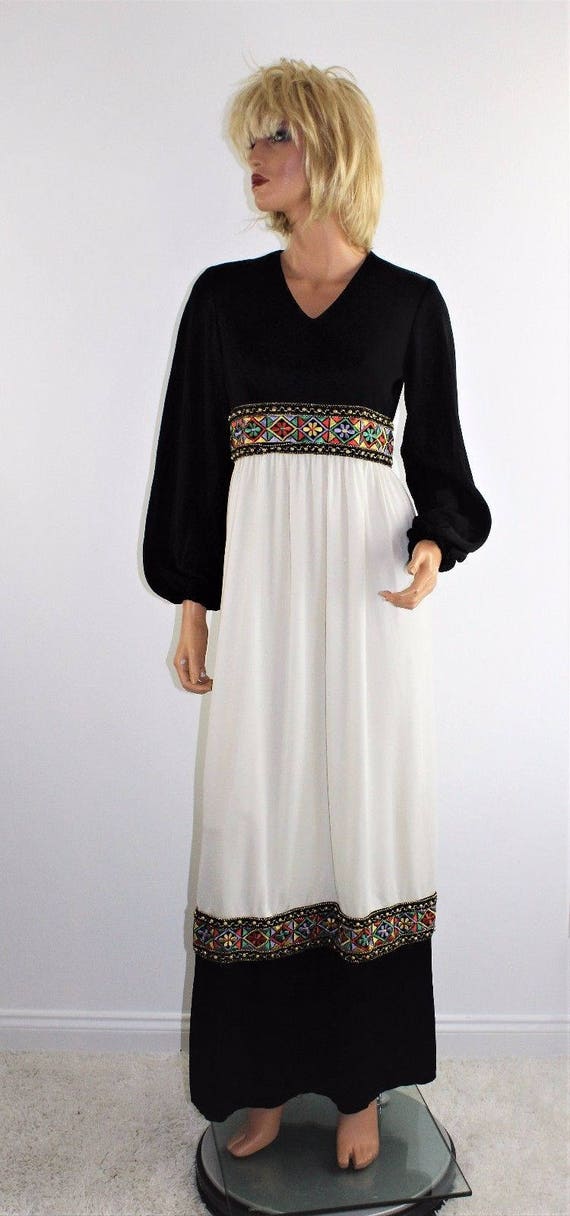 Vintage 70's Hippie Boho Peasant Black White Nylo… - image 1