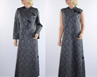 Vintage 70's Silver Metallic Black Disco Formal Gown Maxi Prom Dress Jacket M/L