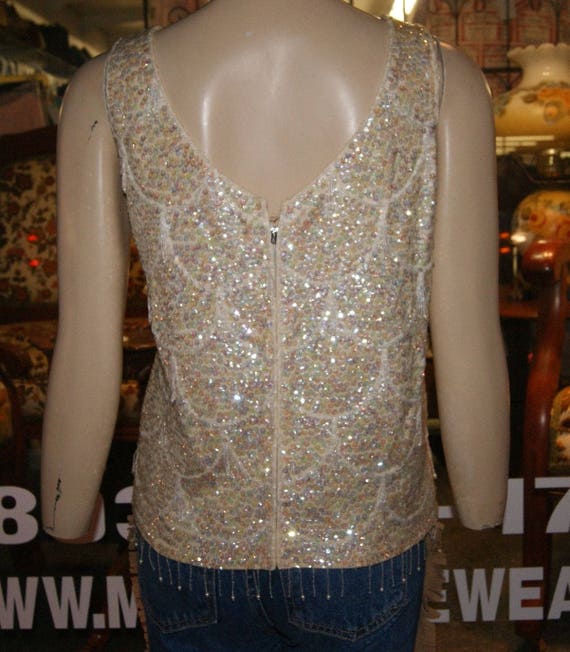 Vintage Vtg 60's Mod Go Go Beaded Sequin Top Blou… - image 4