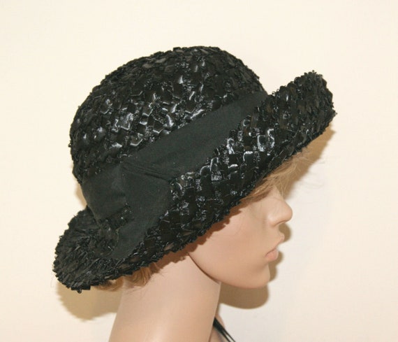 Vintage 50's 60's Black Straw Hat - Size Medium -… - image 3