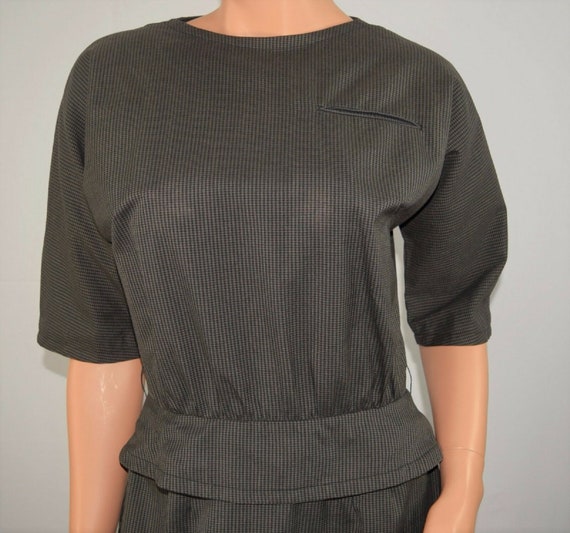 Vintage 50's 60's Black Green Checkered Peplum Dr… - image 3