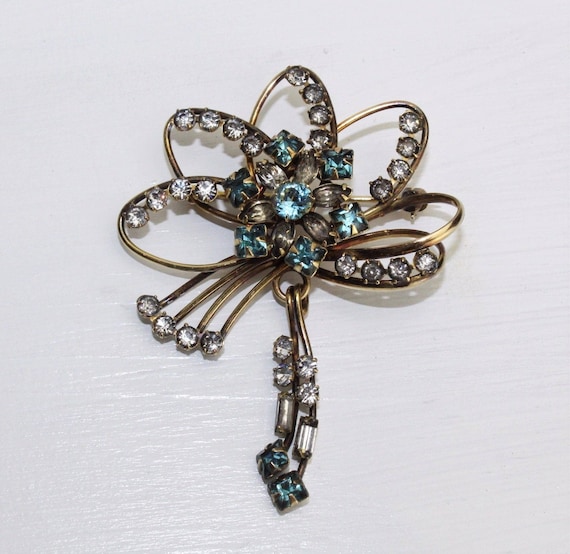 Vintage 1940's Blue Rhinestone 12K GF Brooch Pin … - image 1