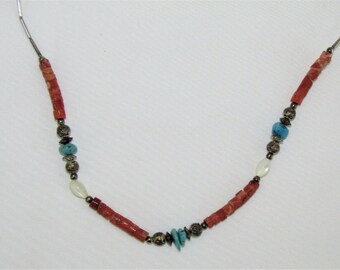 Vintage Southwestern Indian Turquoise Coral MOP Silver Tone Bead 20" Necklace