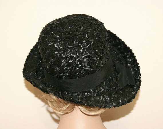Vintage 50's 60's Black Straw Hat - Size Medium -… - image 4