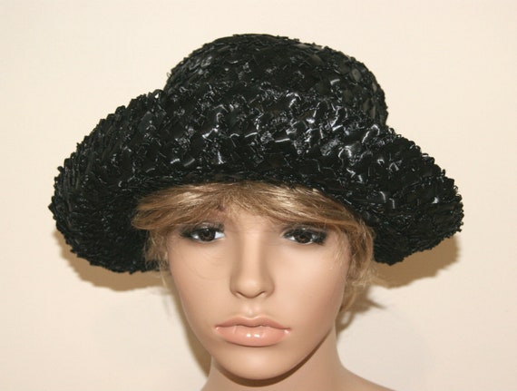 Vintage 50's 60's Black Straw Hat - Size Medium -… - image 2