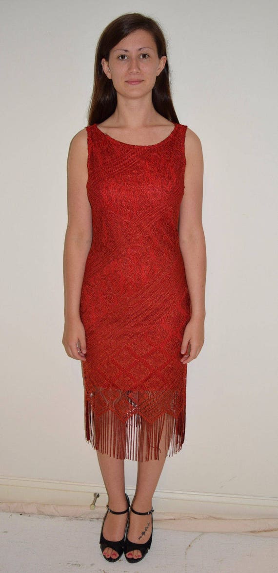 Vintage 1980's Sexy Red Fringe Cocktail Club Dres… - image 1