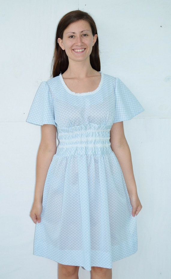 Vintage 70's Blue White Diamond Check Dress Butte… - image 2