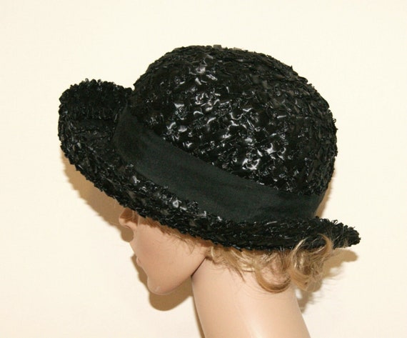 Vintage 50's 60's Black Straw Hat - Size Medium -… - image 5