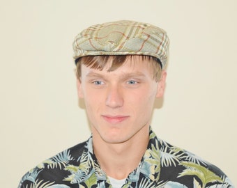 Vintage Men's Tartan Plaid Hat Cap Leather Interior Band Jockey Label - Size 22