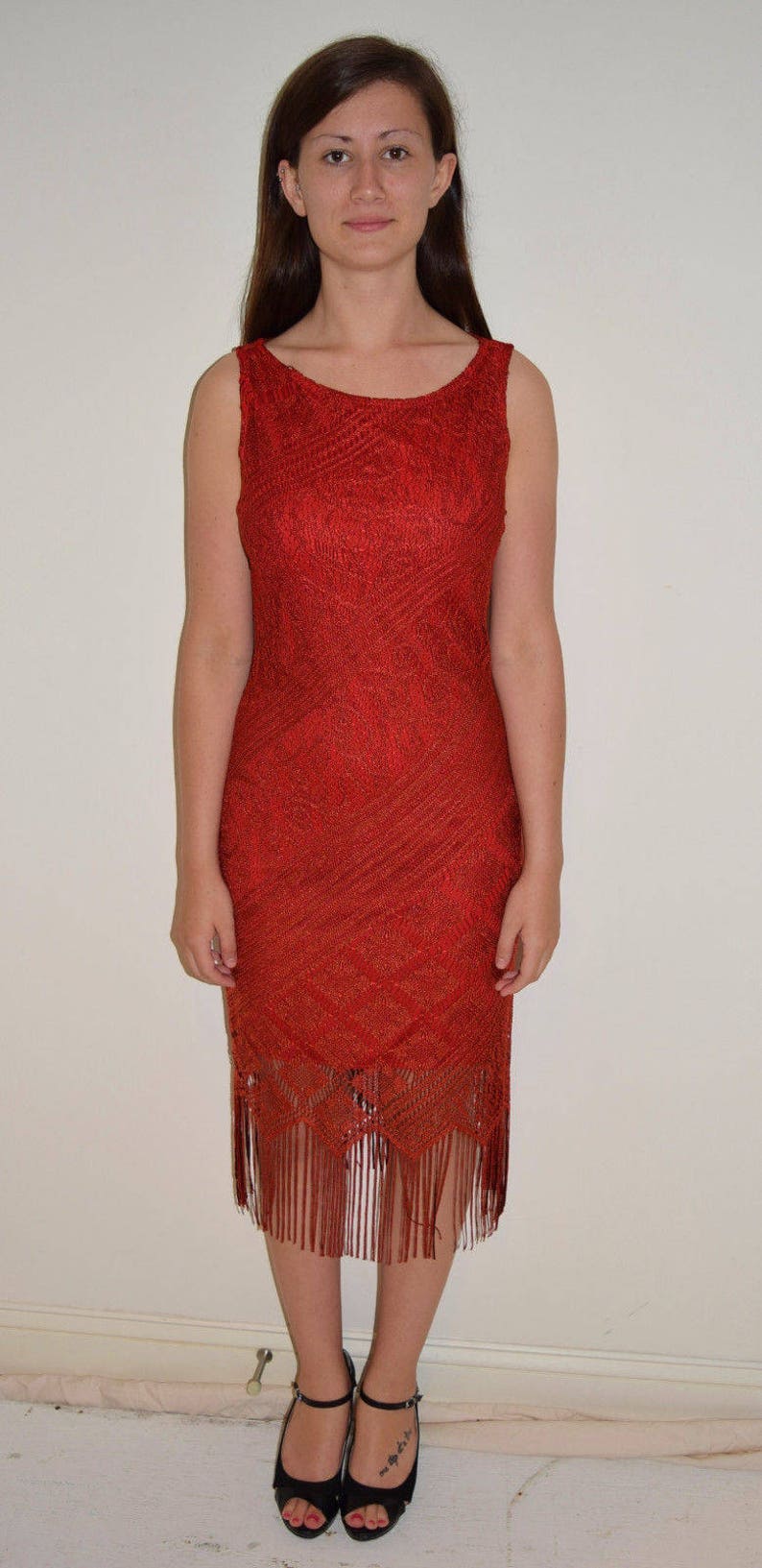 red fringe cocktail dress