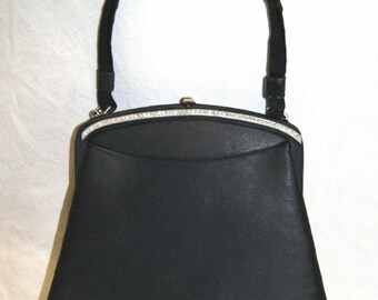 Vintage 1950's L & M LOWY AND MUND Black Satin Rhinestone Evening Handbag Purse