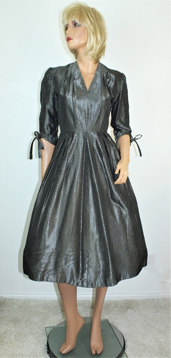 Vintage 40's Metallic Graphite Print Pleated Shim… - image 1