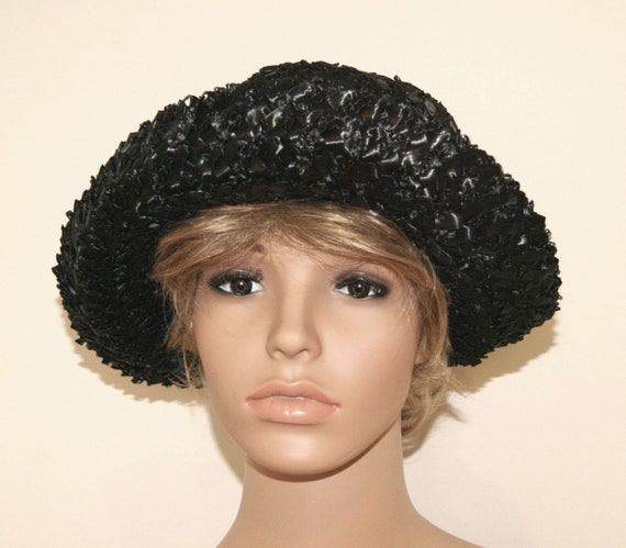 Vintage 50's 60's Black Straw Hat - Size Medium -… - image 1