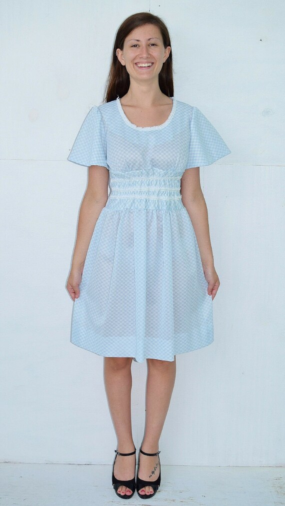 Vintage 70's Blue White Diamond Check Dress Butte… - image 1