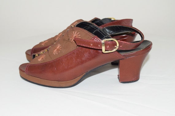 Vintage 40's Leather & Suede Chunky Sling Back Pe… - image 4