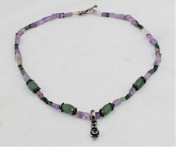 Amethyst and Green Jade Bead Sterling Silver Neck… - image 1