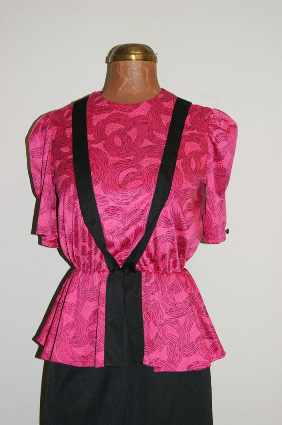 Vintage 1970's 70's Fuchsia Pink Black Peplum Dis… - image 2