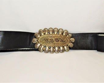 Vintage Black Leather Adjustable Cinch Belt Large Oval Brass Silver Tone Buckle