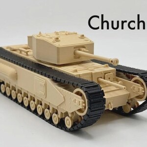 May include: A beige plastic scale model of a Churchill tank featuring black tracks, a rotating turret, and a main gun barrel. The word Churchill is printed in black text above the tank. The model displays visible layer lines from 3D printing.