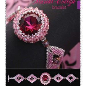 May include: A pink and silver beaded bracelet with a large, faceted, dark pink gemstone in the center. The bracelet is made with small seed beads and features a geometric design.