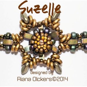 May include: A gold and green beaded bracelet with a starburst design. The bracelet is labeled "Suzelle designed by Riana Olckers©2014".