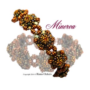 May include: A beaded bracelet with a brown, gold, and green color scheme. The bracelet is made of small beads and has a floral design. The word "Minerva" is written in a decorative font above the bracelet.