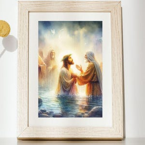 Jesus Baptism Wall Art, Christian Watercolor Print, Printable Bible Decor, Baptism of Jesus Digital Download, Religious Nursery Artwork