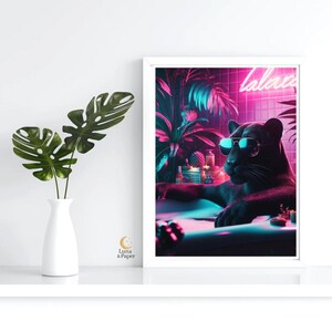 Black Panther in Tub Wall Art | Neon Jungle Bathroom Decor | Cool Cat Digital Download