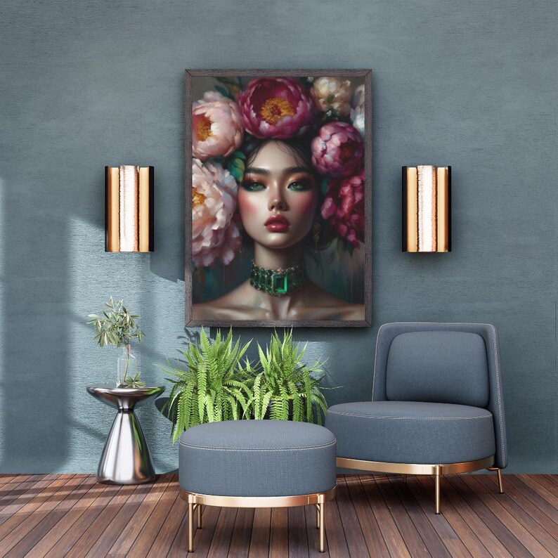 Emerald Green Portrait of Asian Woman With Floral Crown – Minimalist ...