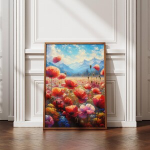 Colorful Poppy Field Landscape with Mountain View | Vibrant Wildflower Wall Art | Digital Oil Painting Style | Printable Nature Decor